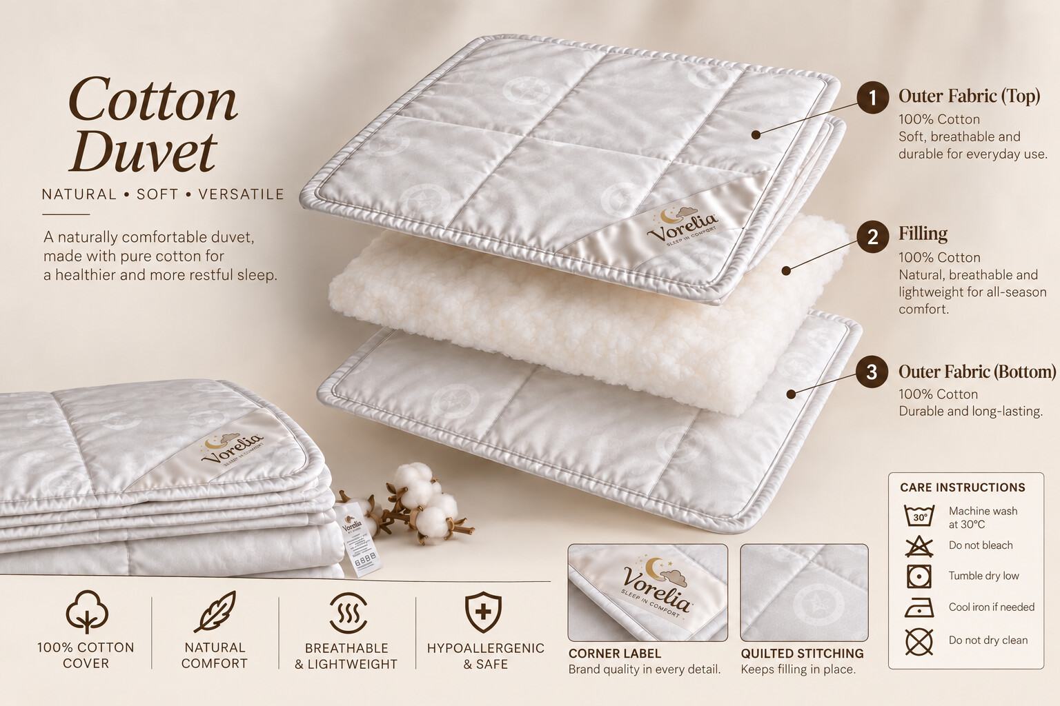 Exploded view of Vorelia cotton duvet construction and materials